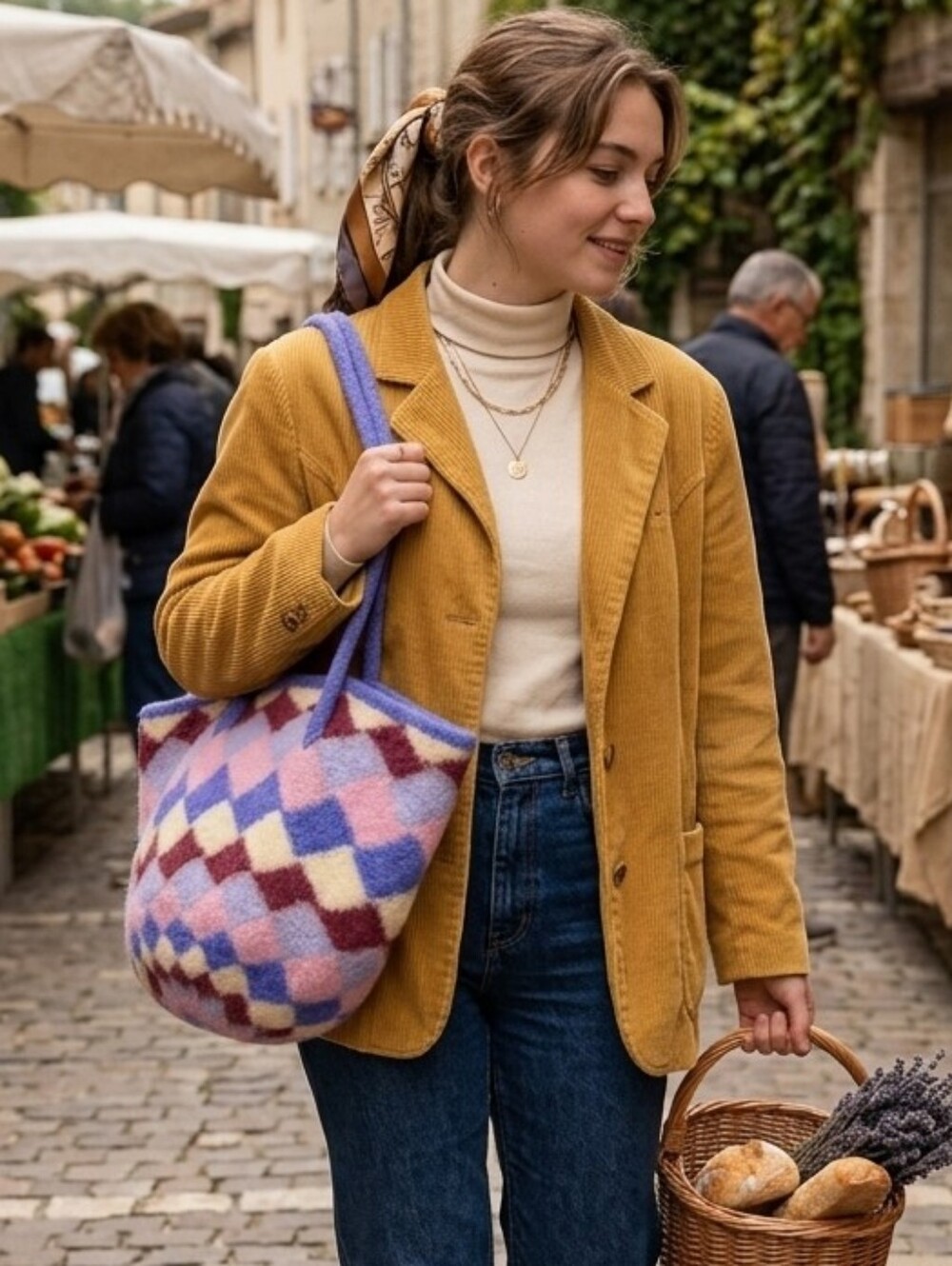 Checkered Blue Pink Cream Knit Felted Worsted Wool Bucket Bag Market Tote